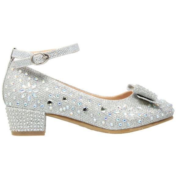 Kids Silver Glitter Rhinestone Bow Low Heel MARY50 - Picture 3 of 6